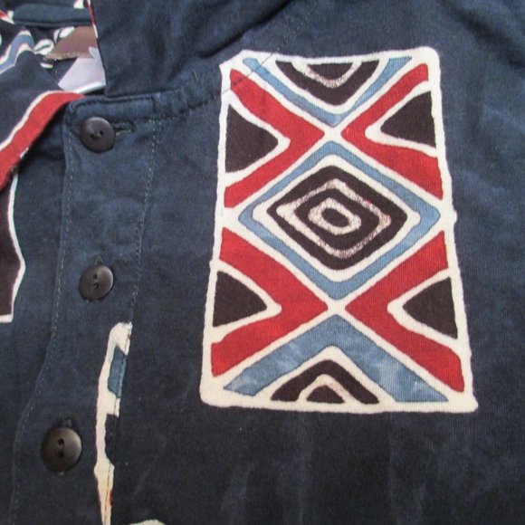 The Territory Ahead Men's Blue Tie-Dye Tribal Print V-Neck Button Down Shirt  L - Picture 2 of 3